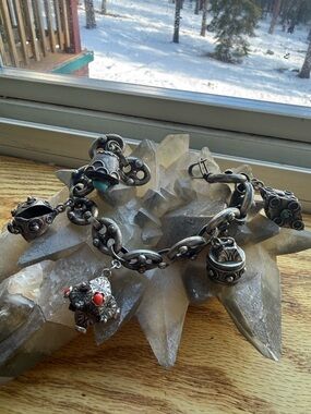 Vintage Etruscan 800 Silver 5 Charm Italian Bracelet Marked Coral Jade Turquoise